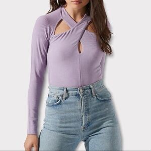 ASTR The Label NWT Cutout Ribbed Bodysuit Size XS Purple Long Sleeves